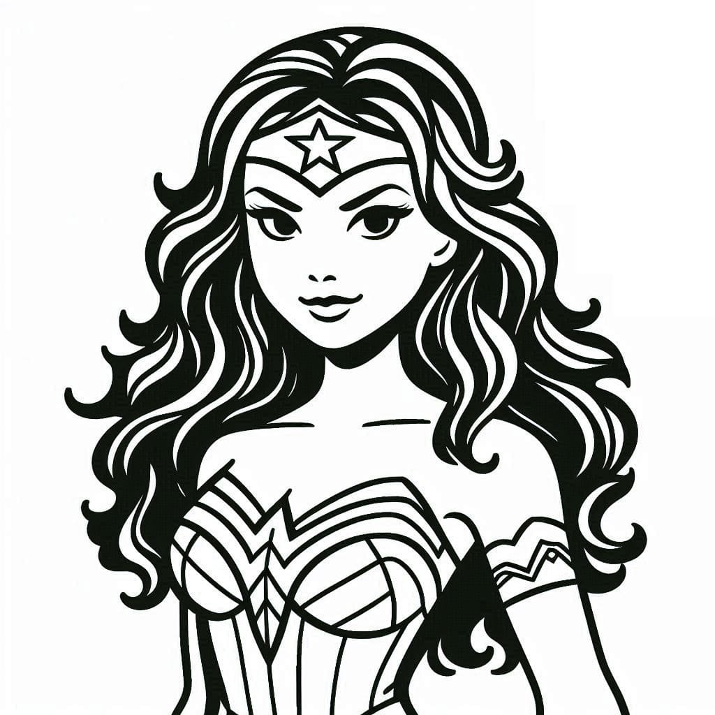 Desenho de Mulher Maravilhá Muito Alegre para Colorir e Pintar