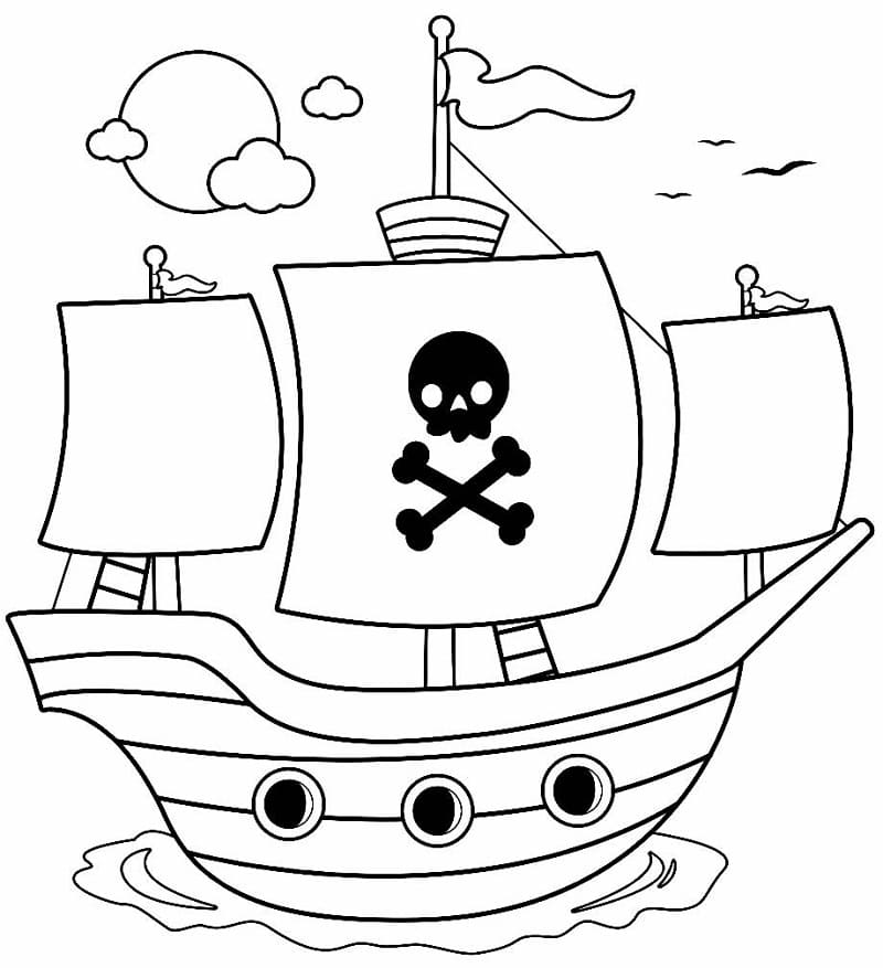 Desenho de Navio Pirata Bonito para Colorir e Pintar