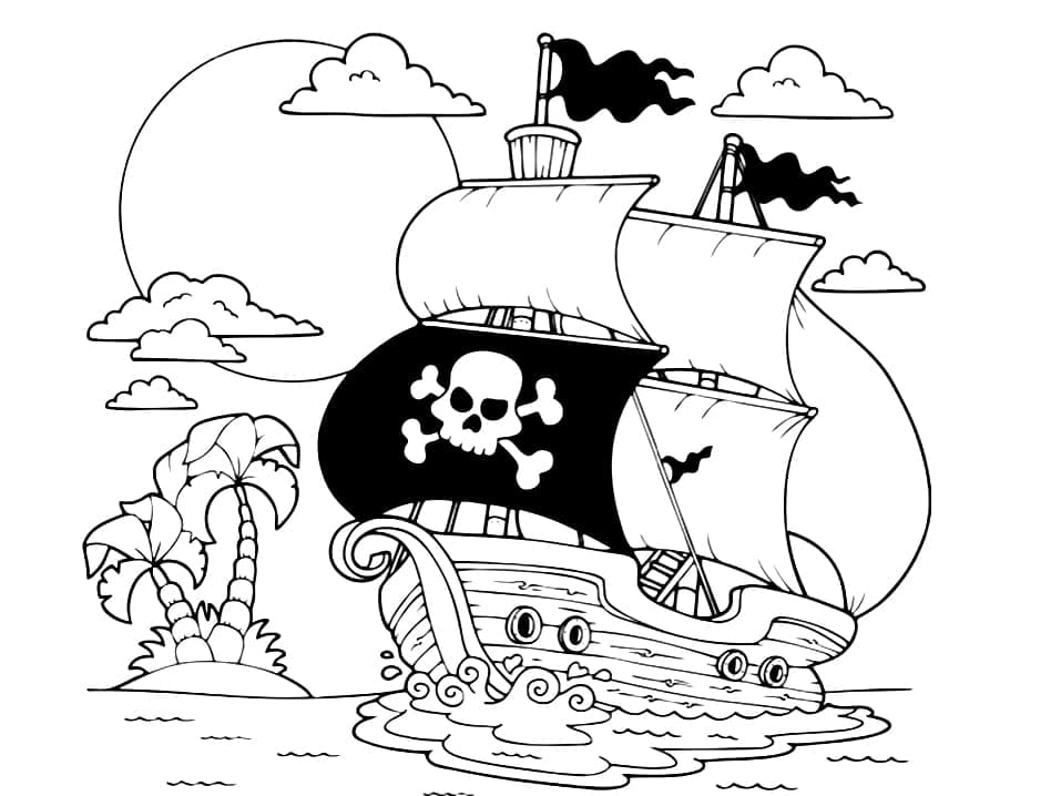 Desenho de Navio Pirata e Ilhá para Colorir e Pintar