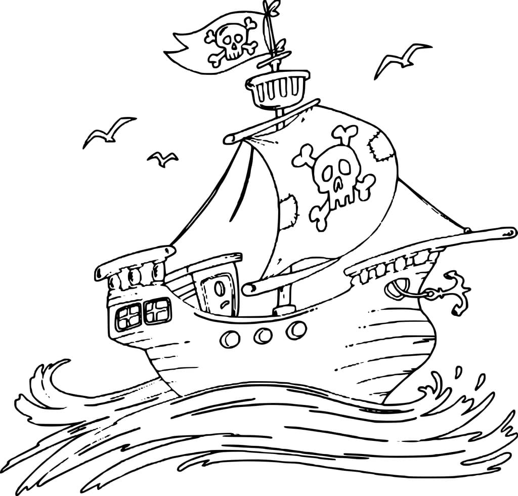 Desenho de Navio Pirata no Mar para Colorir e Pintar