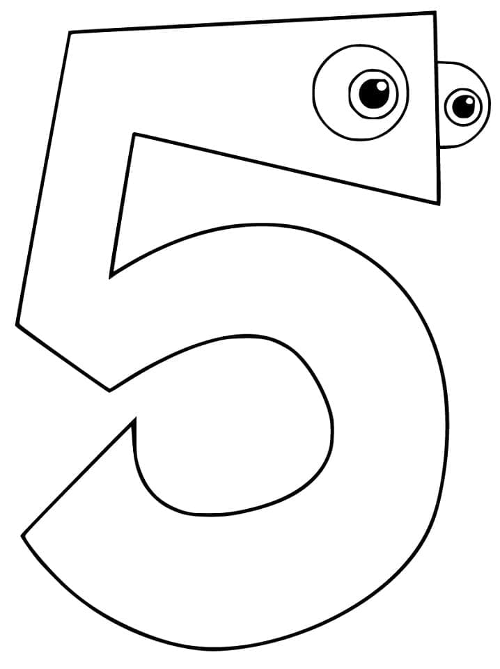 Desenho de Número 5 com Olhos para Colorir e Pintar
