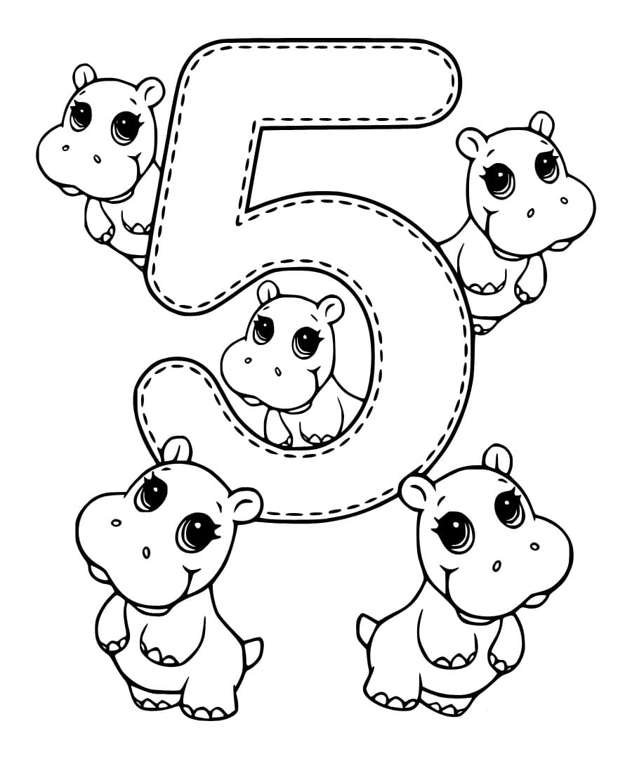 Desenho de Número 5 e Hipopótamos para Colorir e Pintar