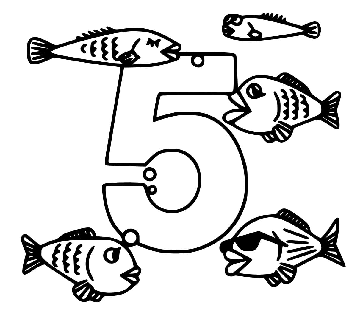 Desenho de Número 5 e Peixes para Colorir e Pintar
