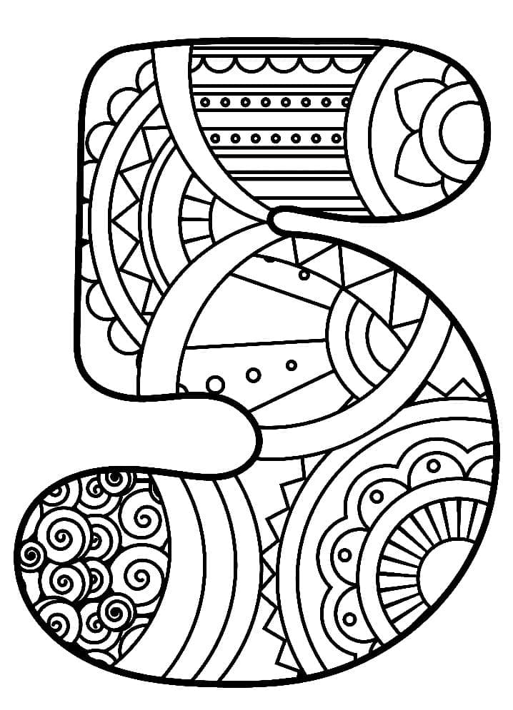 Desenho de Número 5 Zentangle para Colorir e Pintar