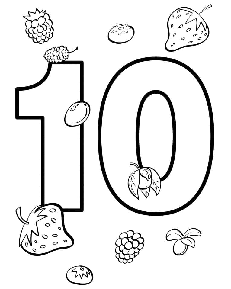 Desenho de Número 10 com Frutas para Colorir e Pintar