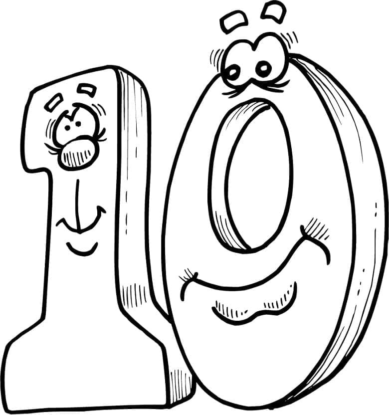 Desenho de Número 10 Engraçado para Colorir e Pintar
