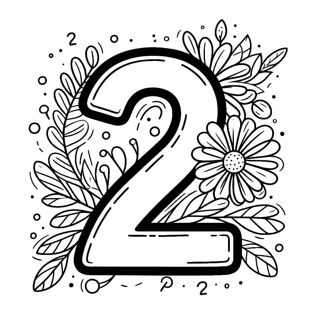 Desenho de Número 2 com Flor para Colorir e Pintar