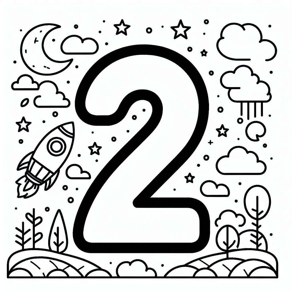 Desenho de Número 2 e Céu para Colorir e Pintar
