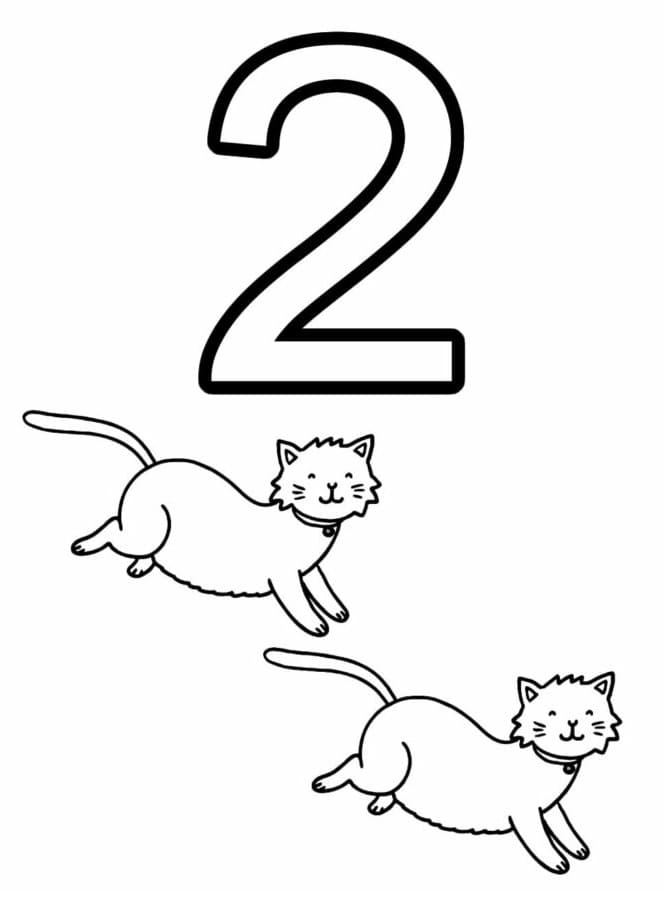 Desenho de Número 2 e Gatos para Colorir e Pintar