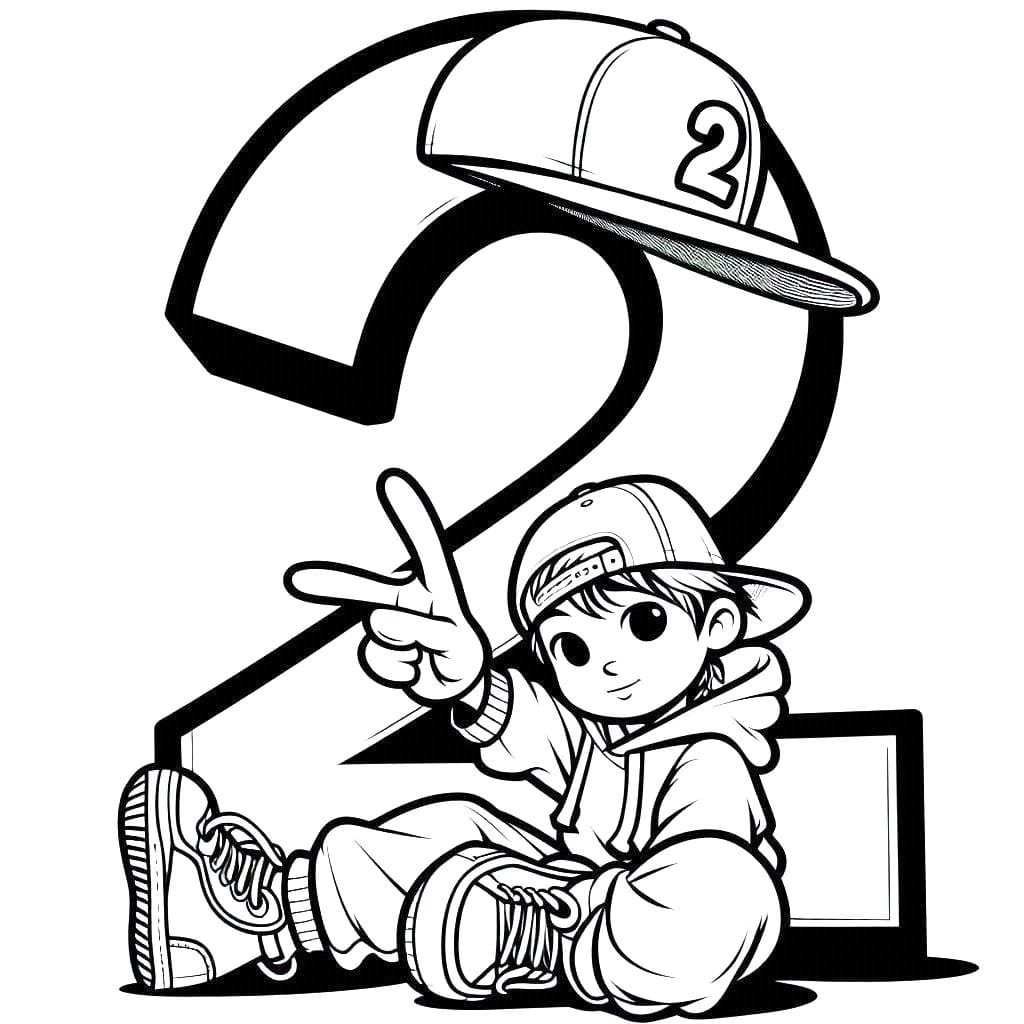 Desenho de Número 2 e Menino para Colorir e Pintar
