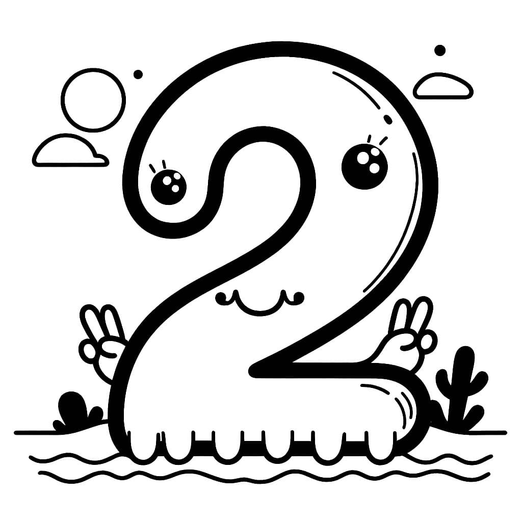 Desenho de Número 2 na Água para Colorir e Pintar