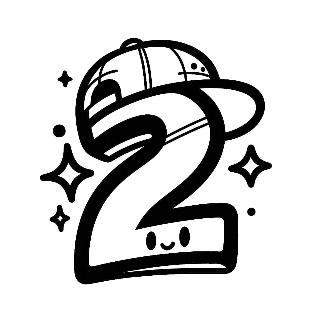 Desenho de Número 2 Use Chapéu Hip Hop para Colorir e Pintar