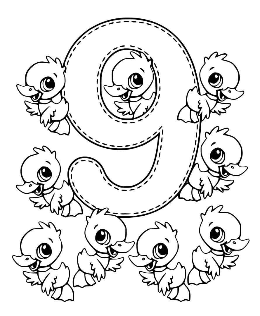 Desenho de Número 9 e Patos para Colorir e Pintar