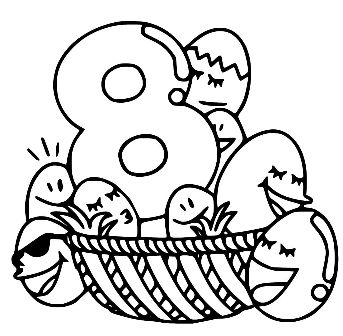 Desenho de Número 8 com Ovos para Colorir e Pintar