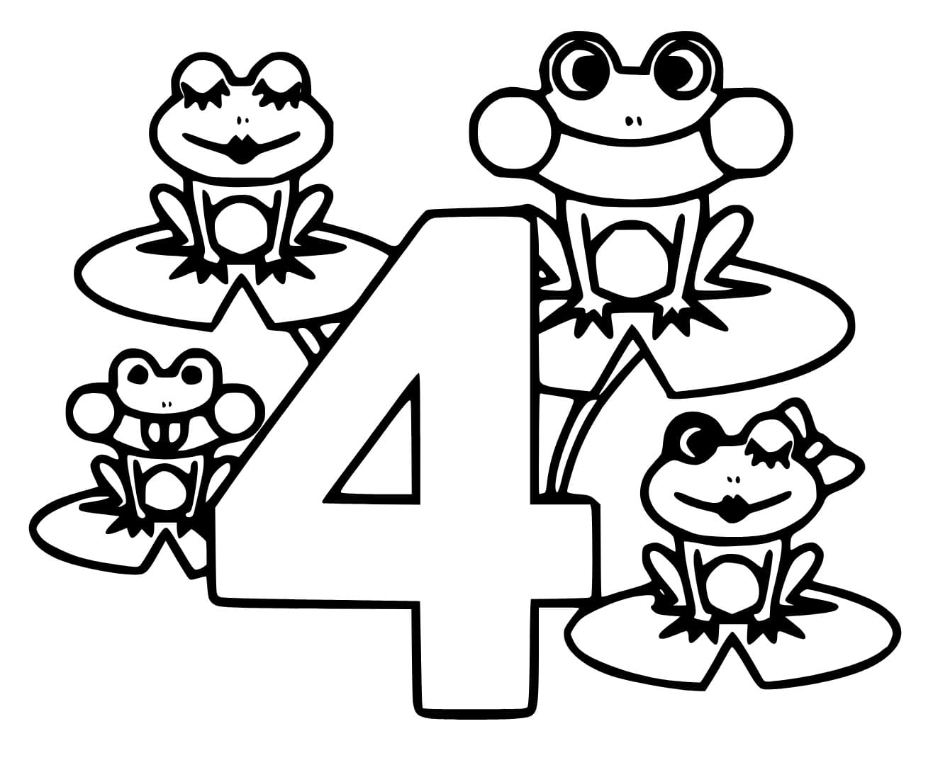Desenho de Número 4 com Sapos para Colorir e Pintar