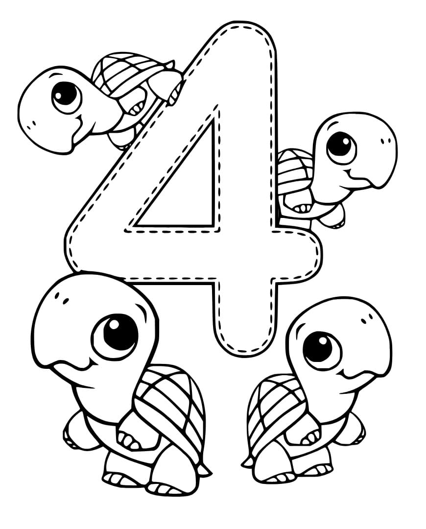 Desenho de Número 4 com Tartarugas para Colorir e Pintar