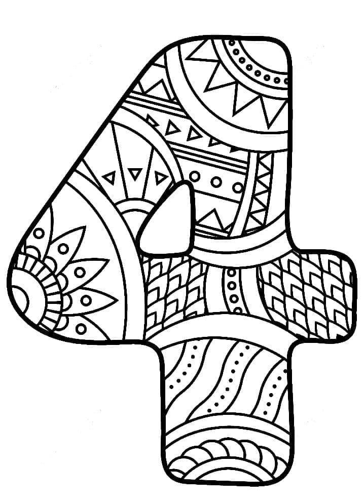 Desenho de Número 4 Zentangle para Colorir e Pintar