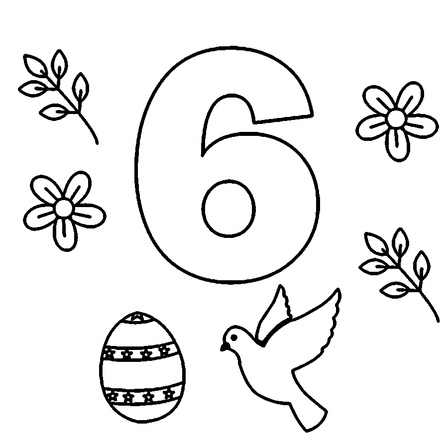 Desenho de Nú Mero 6 com Pássaros e Ovos para Colorir e Pintar