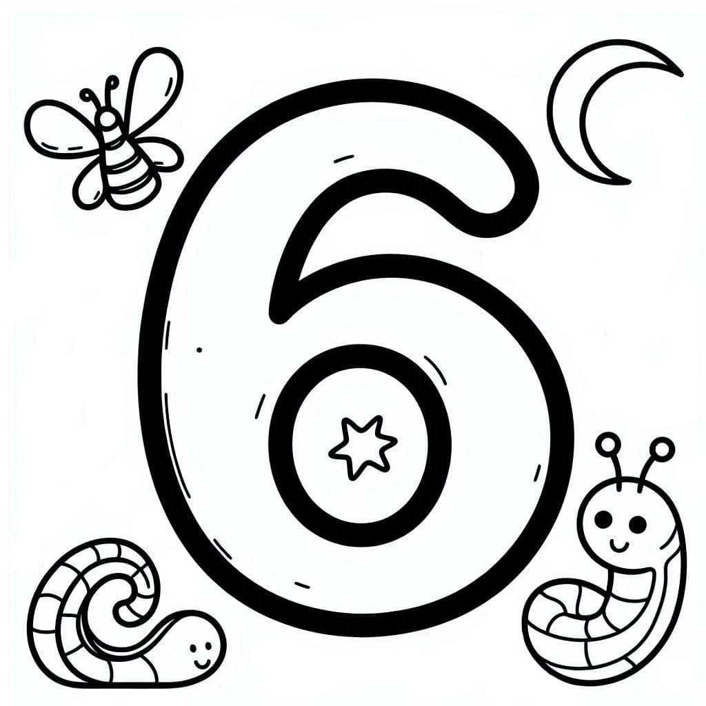 Desenho de Número 6 e Insetos para Colorir e Pintar