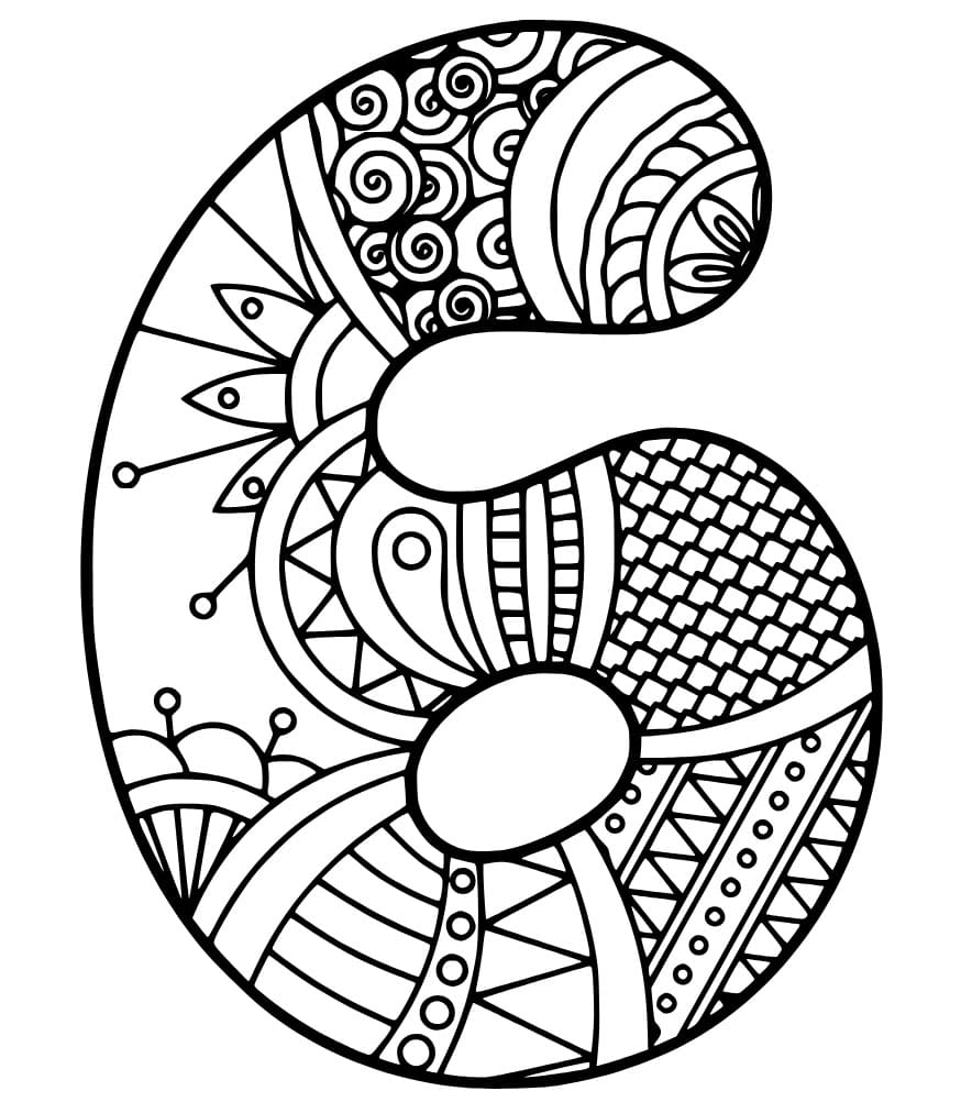 Desenho de Número 6 Zentangle para Colorir e Pintar