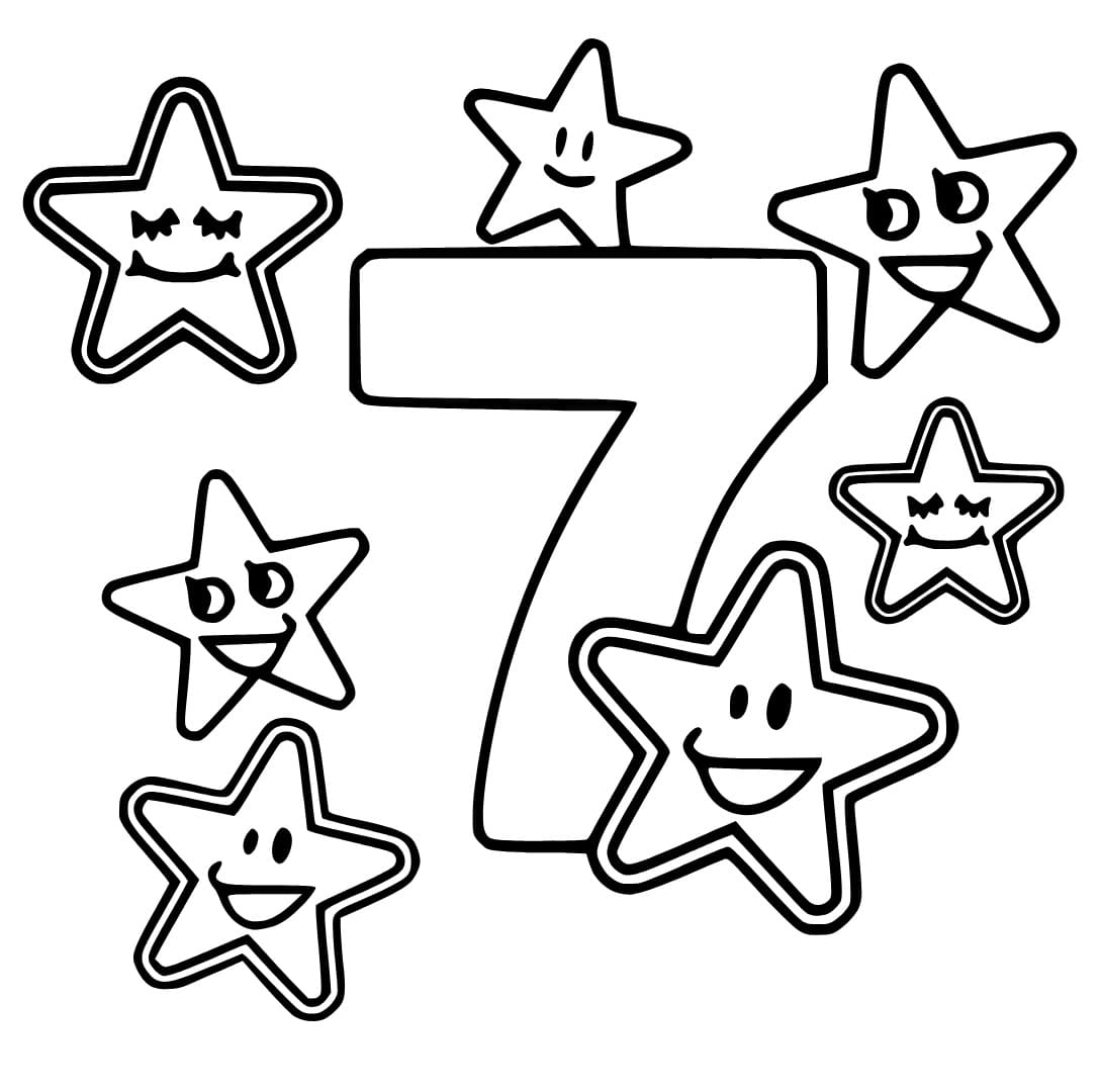Desenho de Número 7 com Estrelas para Colorir e Pintar