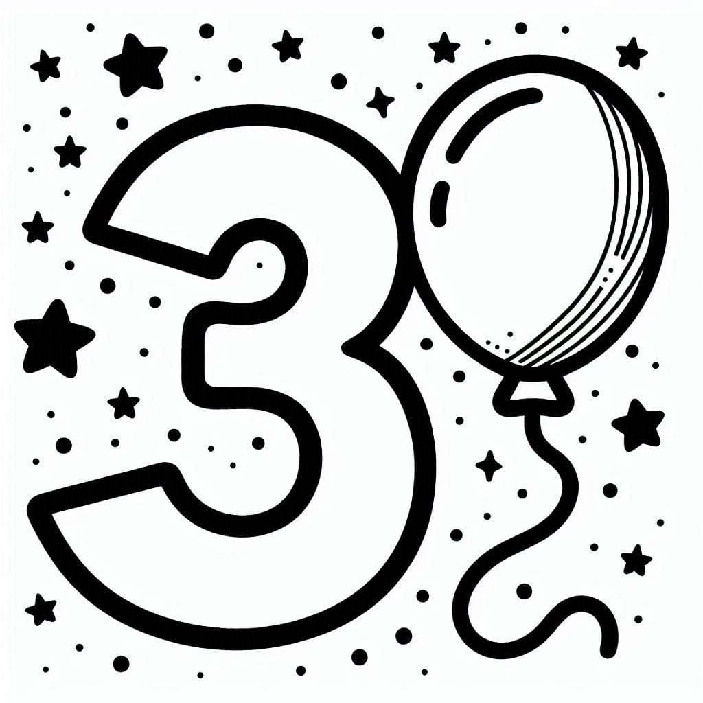 Desenho de Número 3 com Balões e Estrelas para Colorir e Pintar