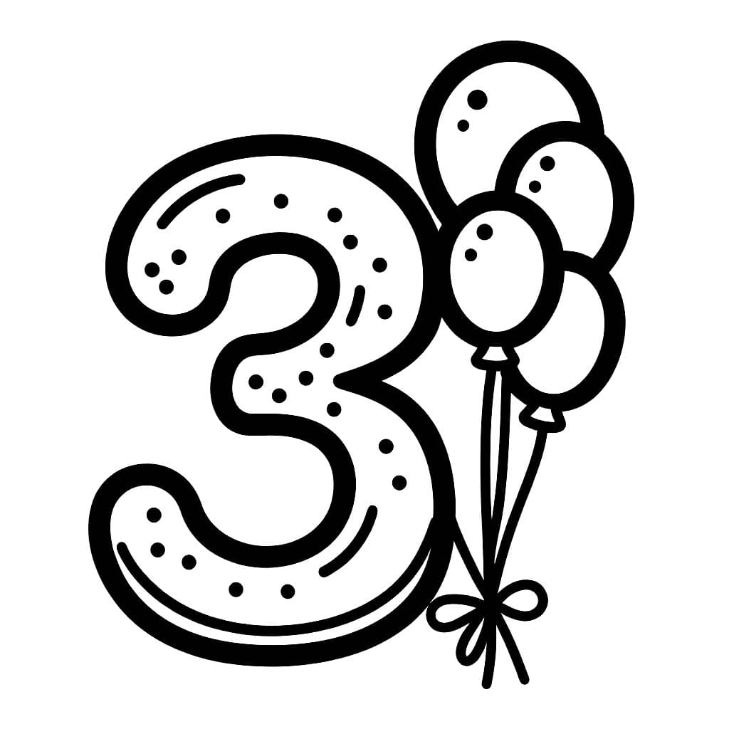 Desenho de Número 3 com Balões para Colorir e Pintar