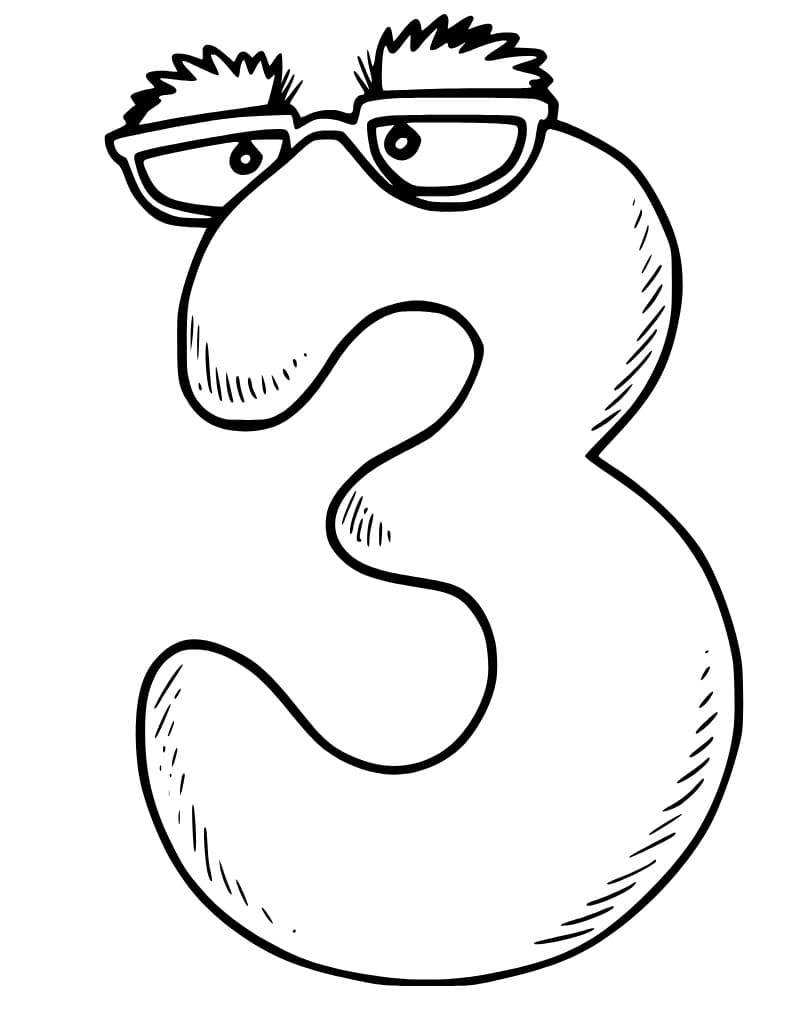 Desenho de Número 3 com Cara para Colorir e Pintar
