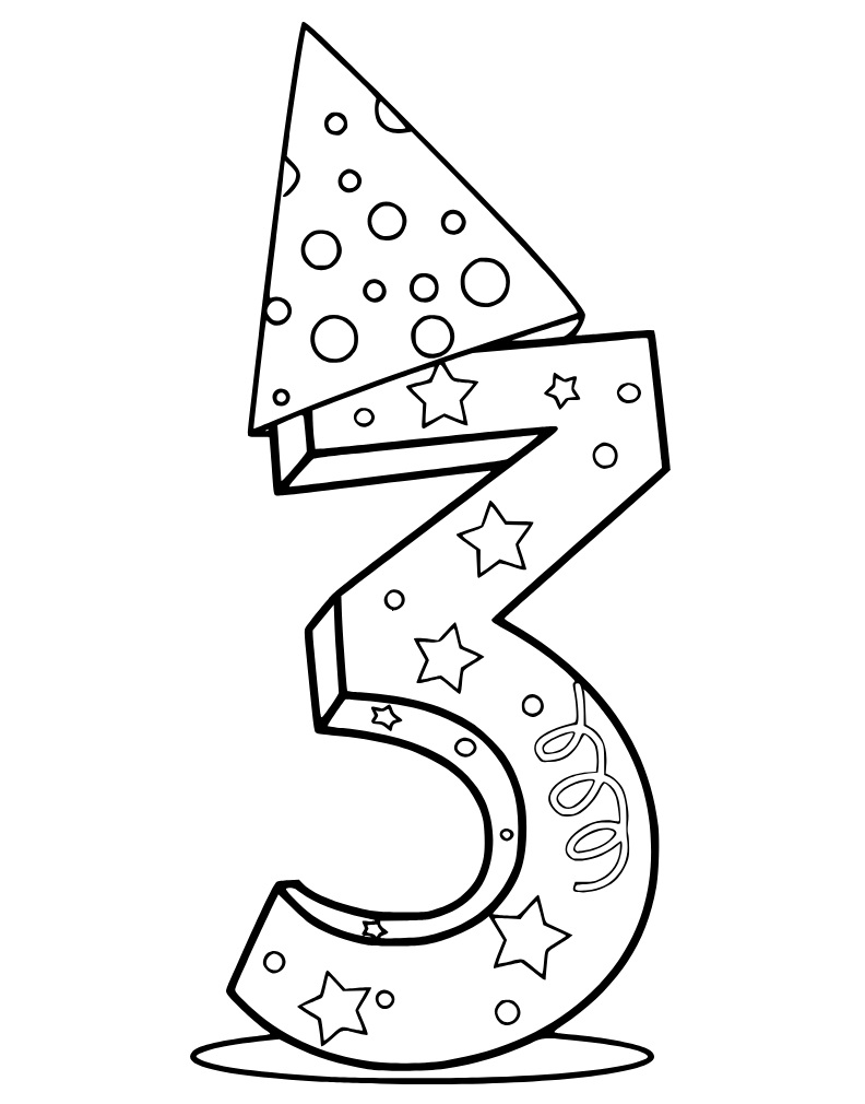 Desenho de Número 3 com Chapéu para Colorir e Pintar