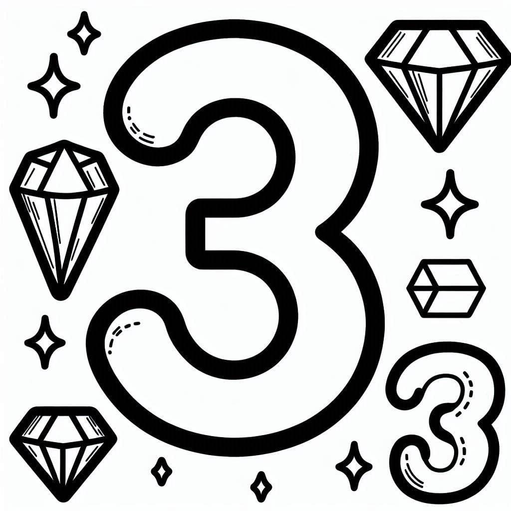 Desenho de Número 3 com Diamantes para Colorir e Pintar