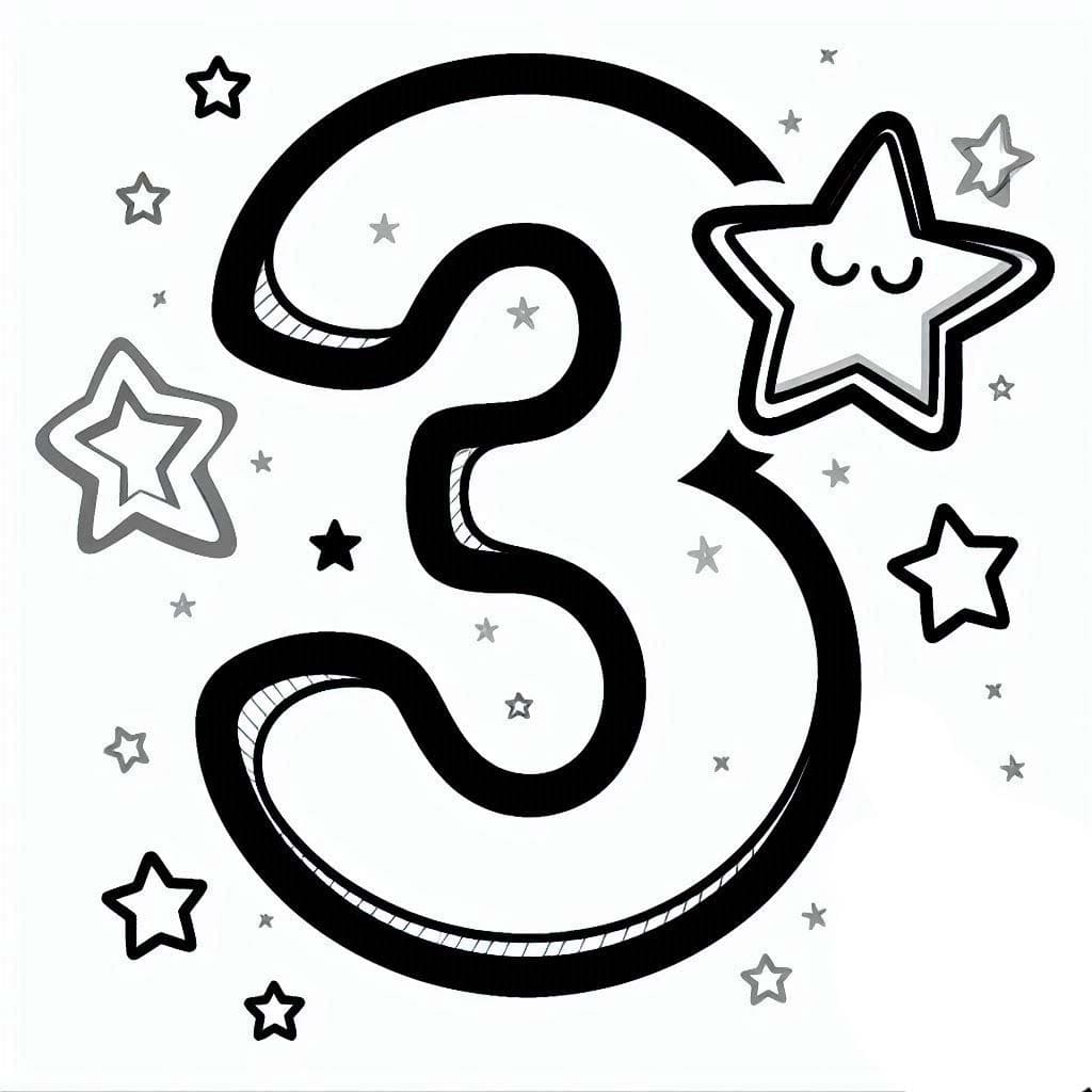Desenho de Número 3 com Estrela para Colorir e Pintar