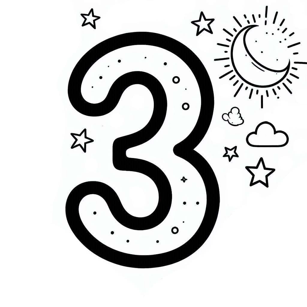 Desenho de Número 3 com Estrelas e Lua para Colorir e Pintar