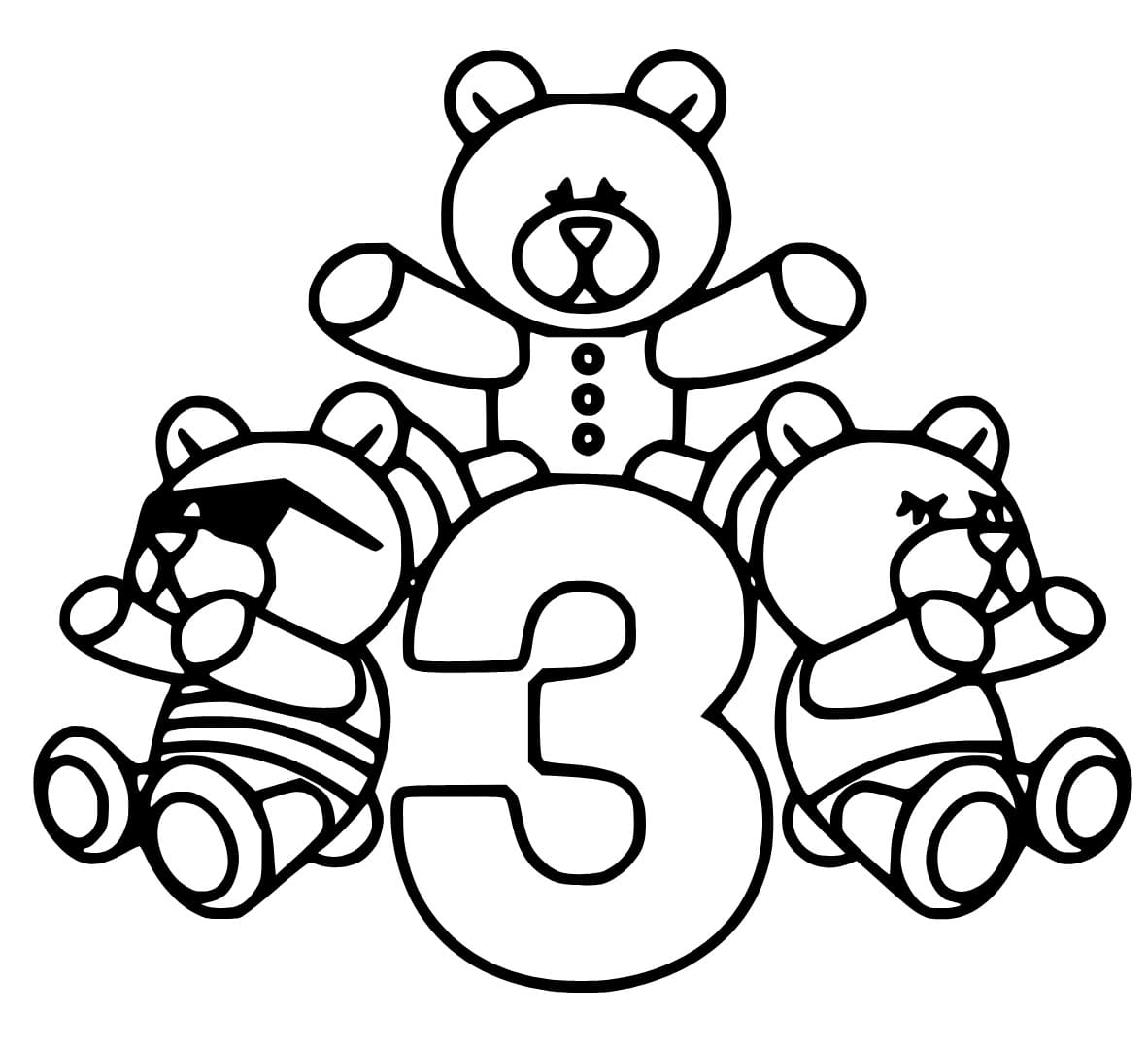 Desenho de Número 3 com Ursinhos de Pelúcia para Colorir e Pintar