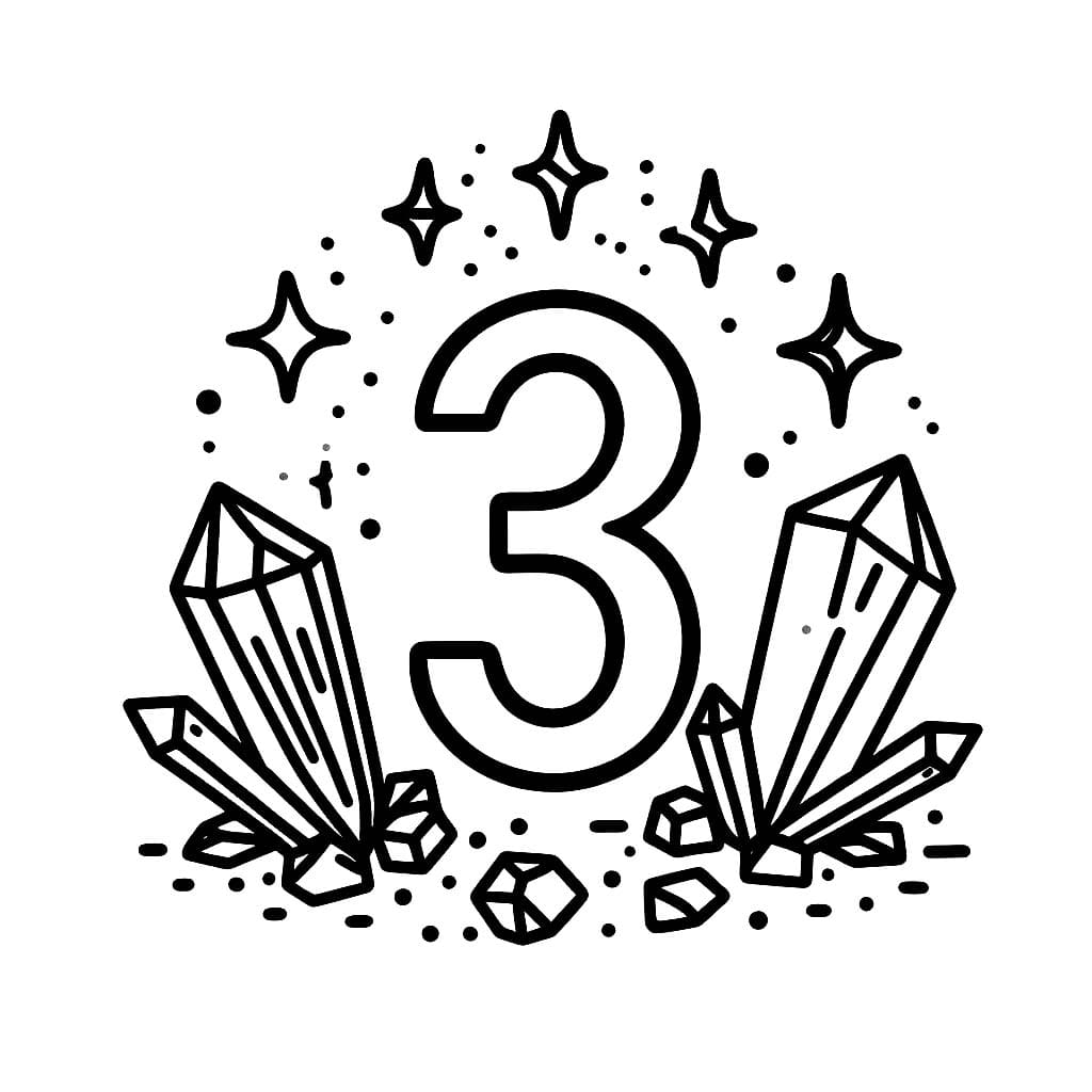 Desenho de Número 3 e Cristais para Colorir e Pintar