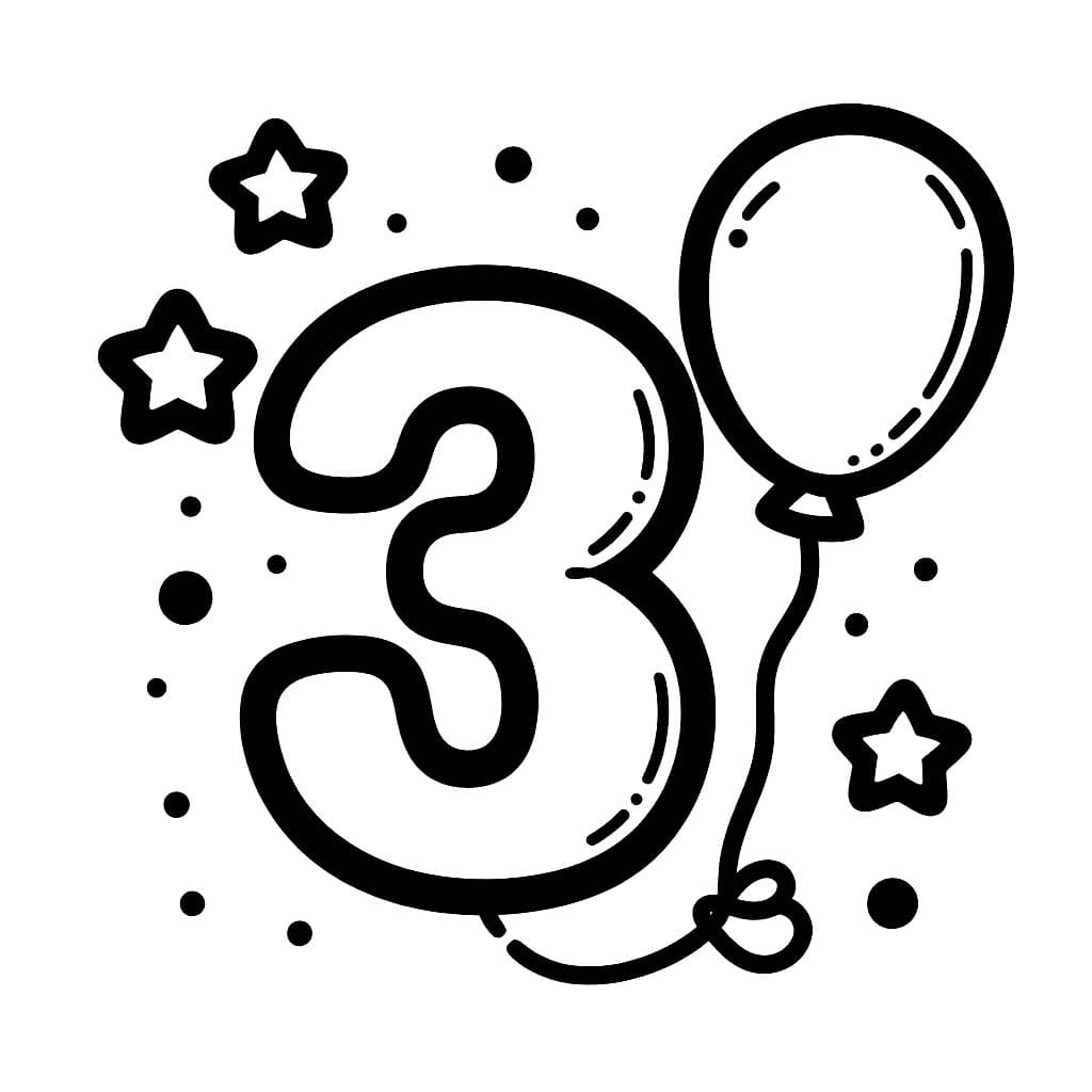 Desenho de Número 3 e Estrela com Balões para Colorir e Pintar