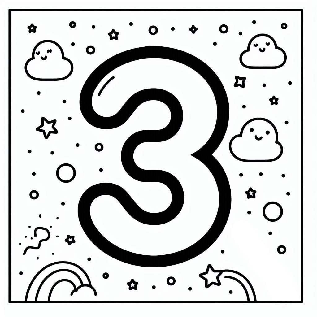 Desenho de Número 3 e o Céu para Colorir e Pintar