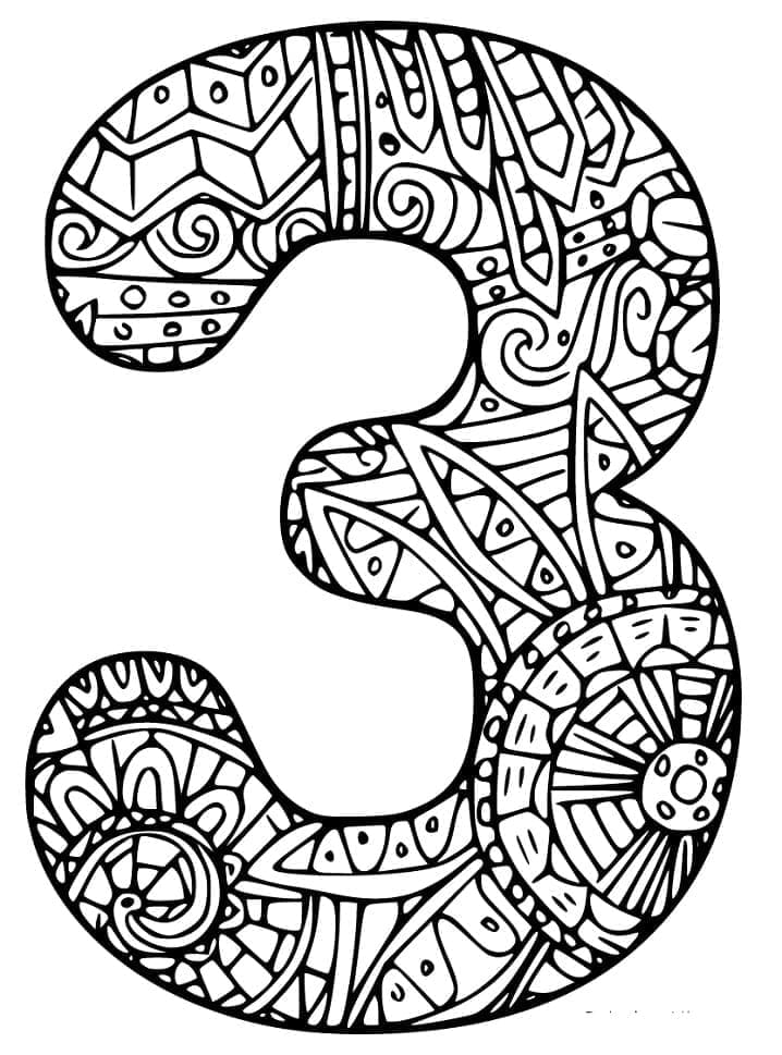 Desenho de Número 3 Zentangle para Colorir e Pintar