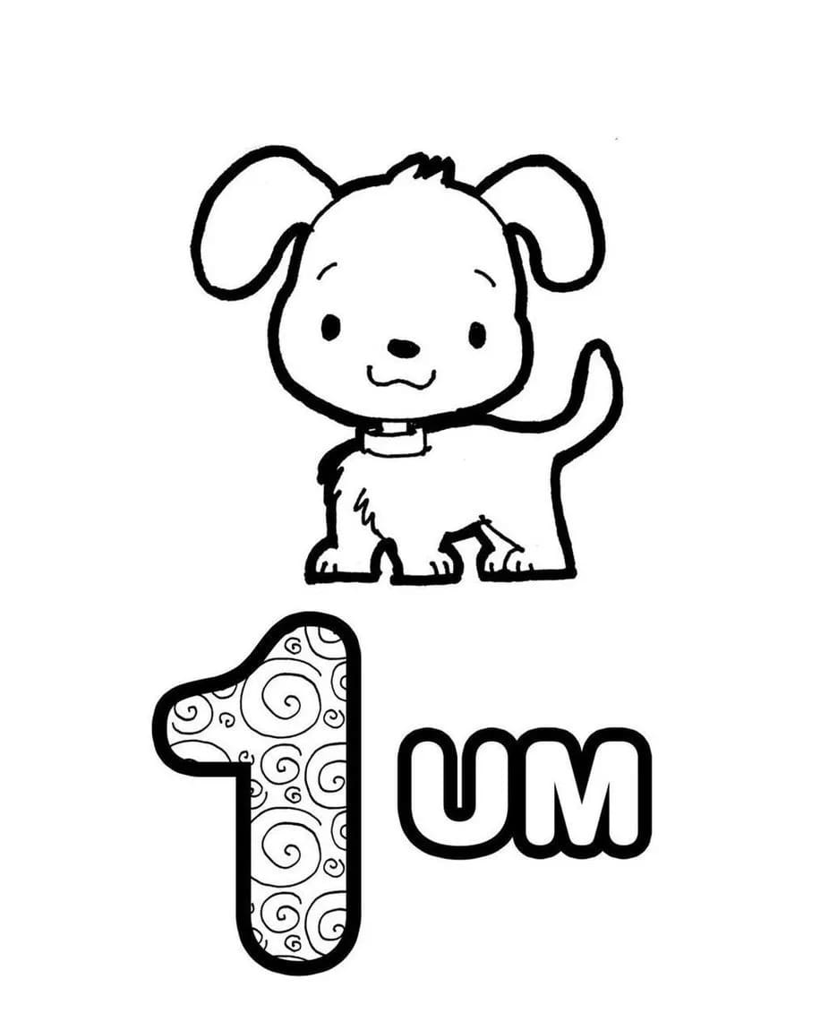 Desenho de Cachorrinho e Número 1 para Colorir e Pintar