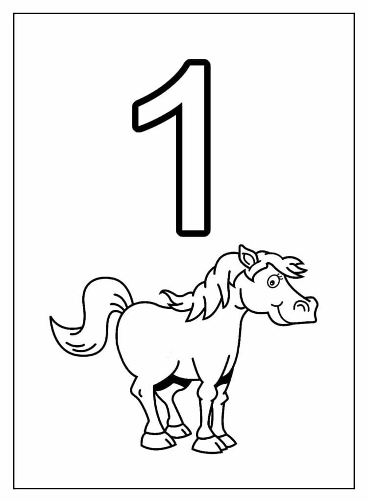 Desenho de Número 1 e Cavalo para Colorir e Pintar