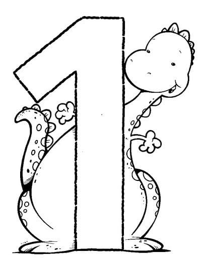 Desenho de Número 1 e Dinossauro para Colorir e Pintar