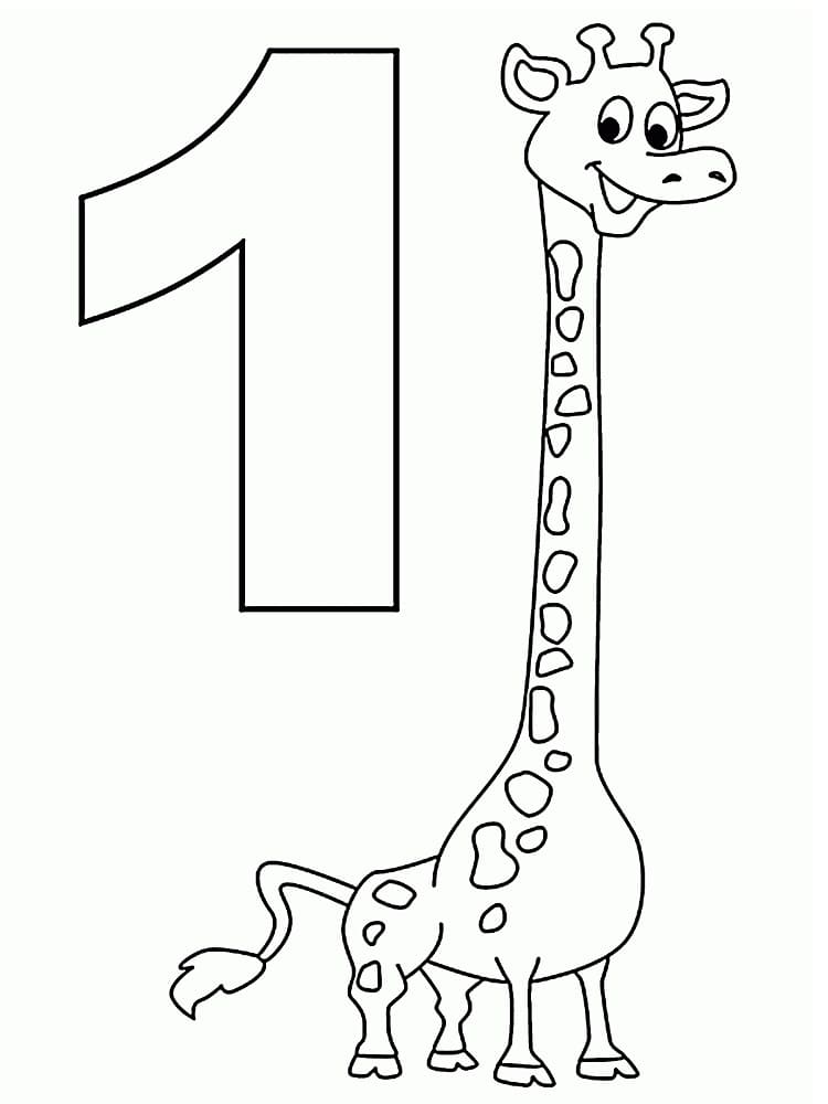Desenho de Número 1 e Girafa para Colorir e Pintar
