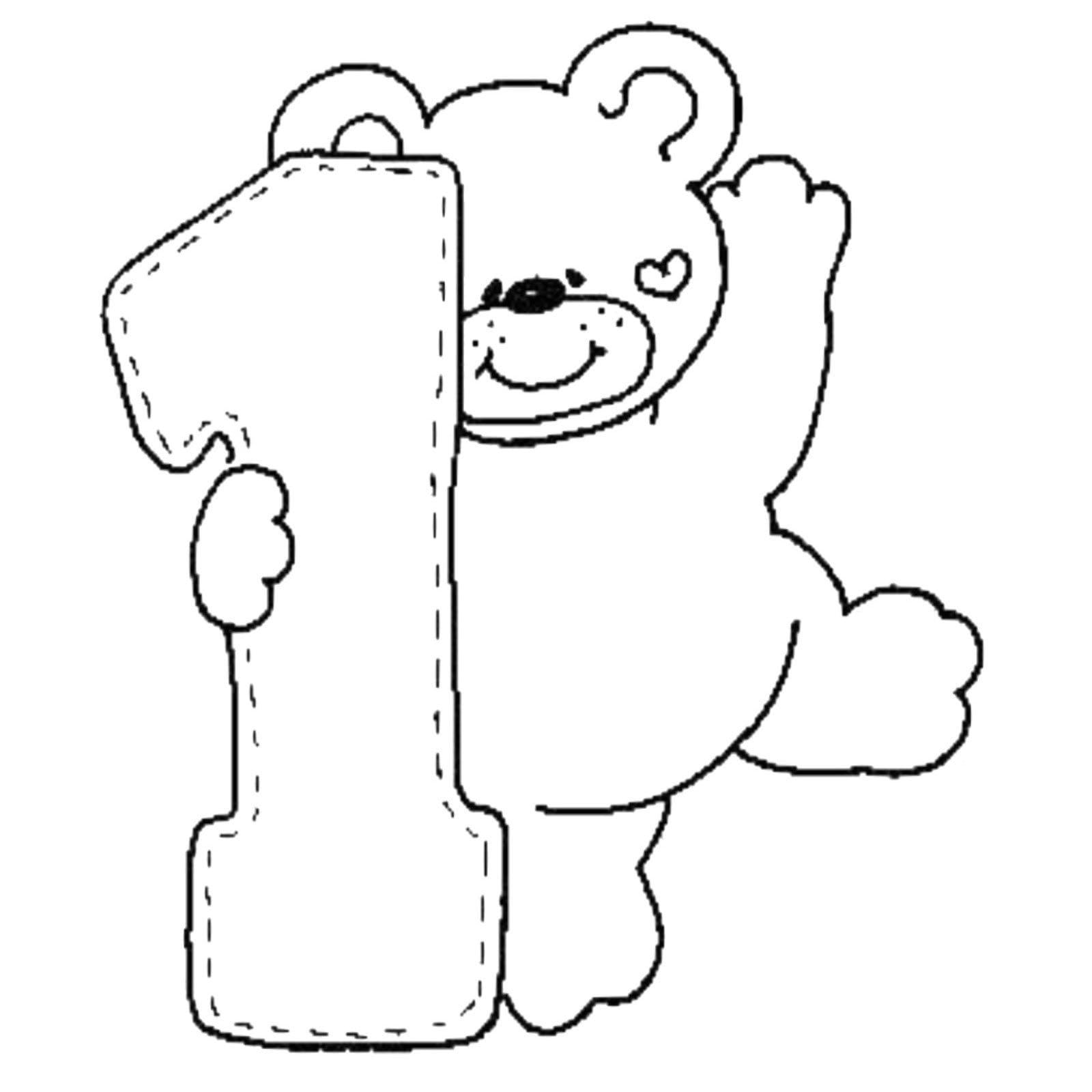 Desenho de Número 1 e Urso de Pelúcia para Colorir e Pintar