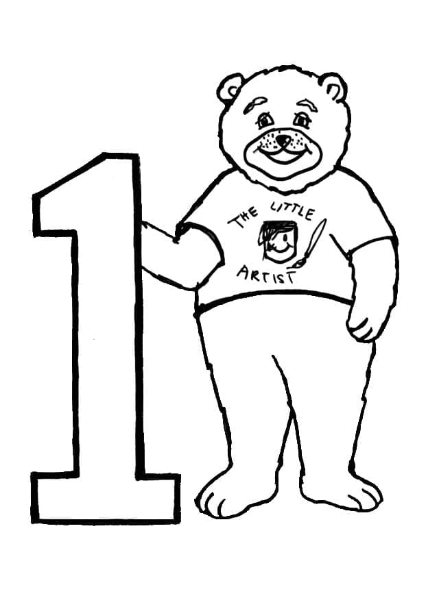 Desenho de Urso e Número 1 para Colorir e Pintar