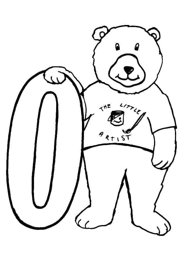 Desenho de Número 0 e um Urso para Colorir e Pintar