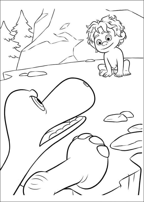 Desenho de o Bom Dinossauro e Spot na Floresta para Colorir e Pintar