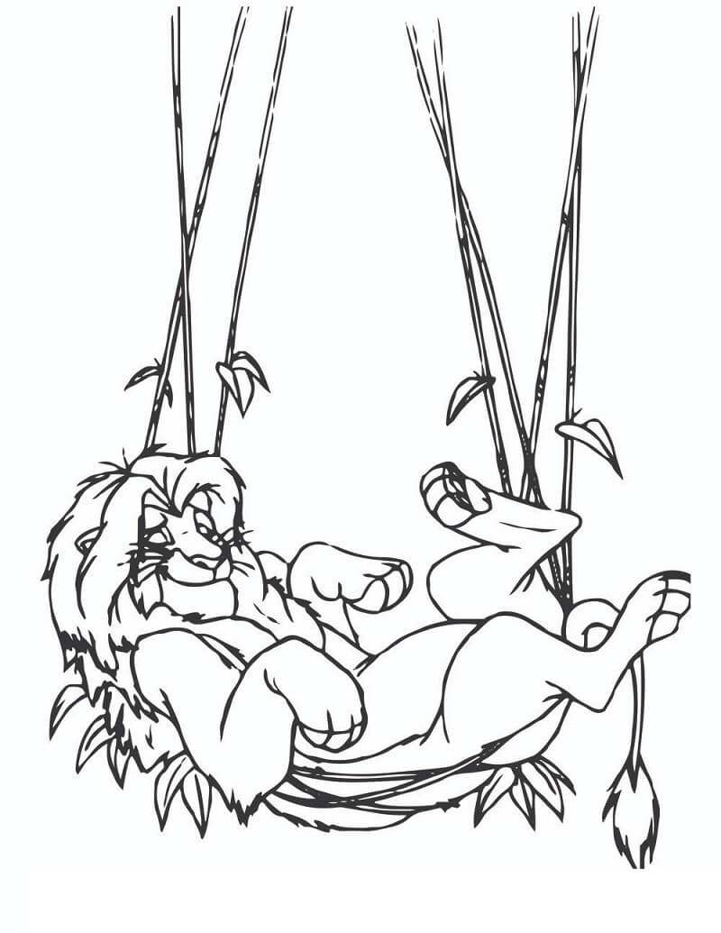 Desenho de Simba Descansando em Rede na Floresta para Colorir e Pintar