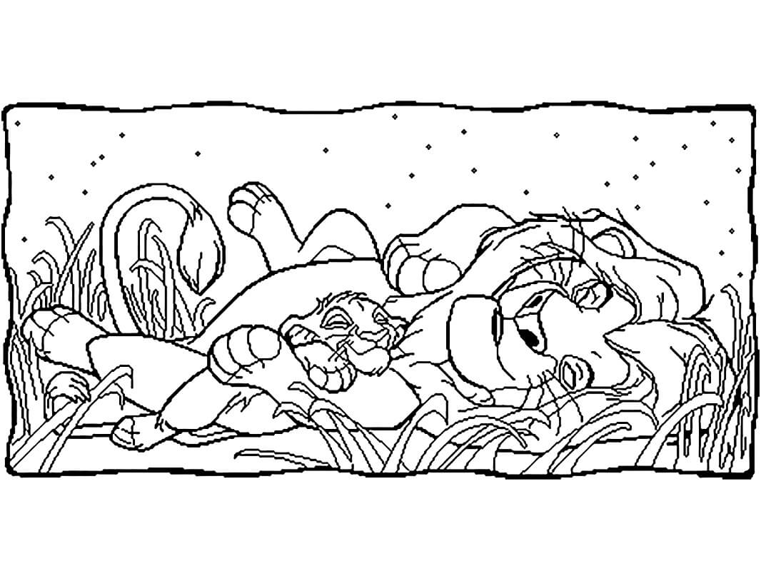 Desenho Simba e Mufasa Dormindo na Savana para Colorir e Pintar