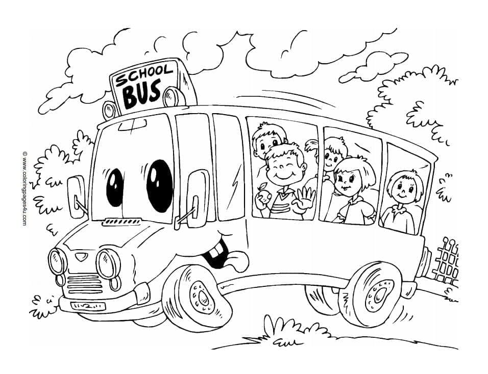 Desenho de Ônibus Escolar Animado para Colorir e Pintar