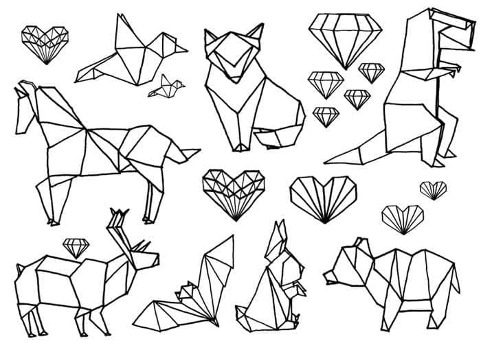 Desenho de Animais Origami para Colorir e Pintar