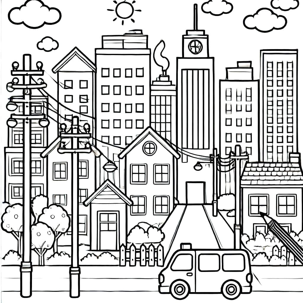 Desenho de Bela Paisagem Urbana para Colorir e Pintar